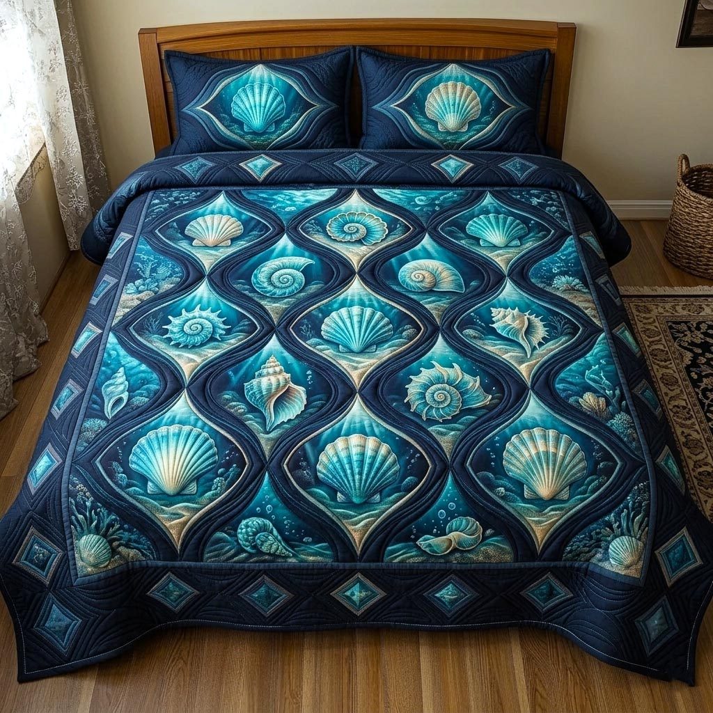 Seaside Shells quilted 3-piece bedding set on a made bed in a light coastal bedroom