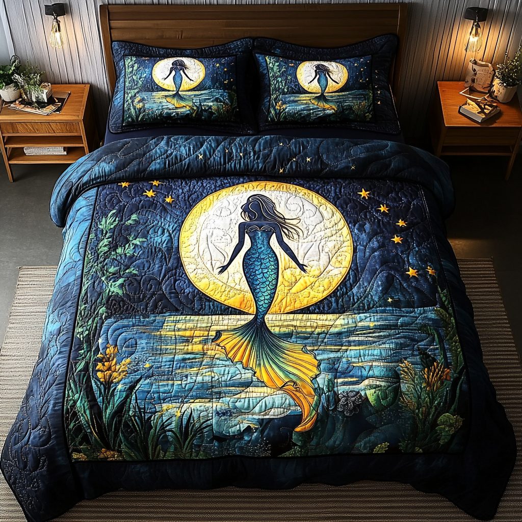 Seaside Song quilted 3-piece bedding set on a made bed in a light coastal bedroom