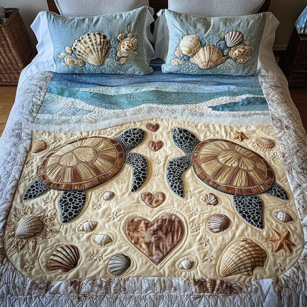 Seaside Soulmates quilted 3-piece bedding set on a made bed in a light coastal bedroom