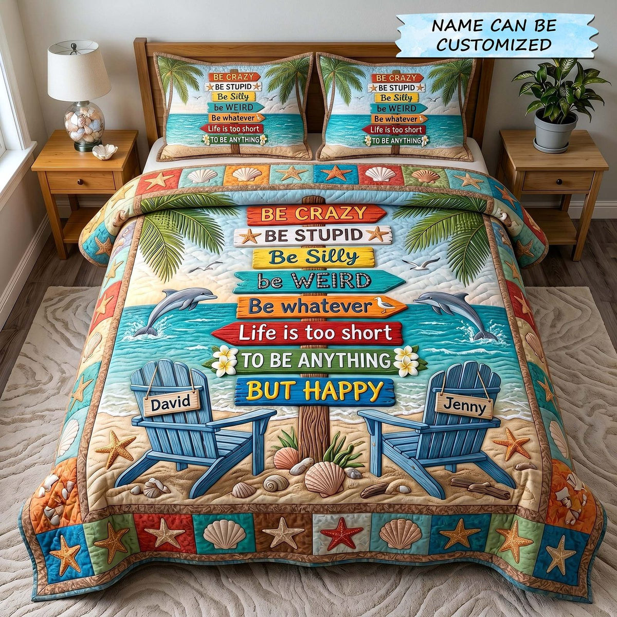 Seaside Together 3-Piece Quilted Bedding Set QTCUZ - Design 6 quilted 3-piece bedding set on a made bed in a light coastal bedroom