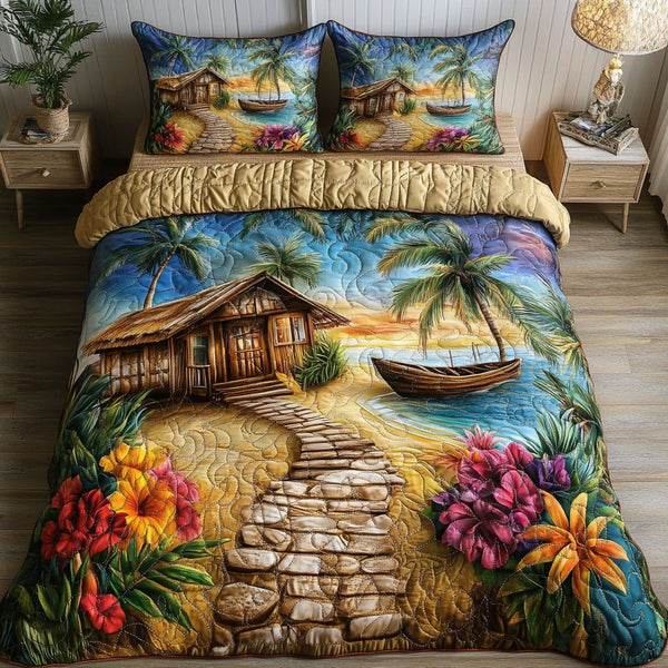 Seaside Tranquility quilted 3-piece bedding set on a made bed in a light coastal bedroom