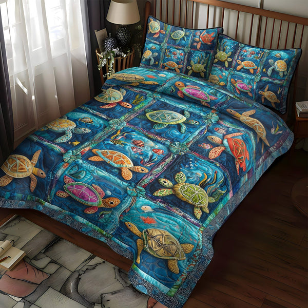Seaside Turtle Retreat quilted 3-piece bedding set on a made bed in a light coastal bedroom