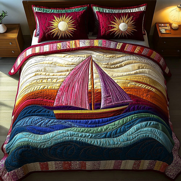 Seaside Voyage quilted 3-piece bedding set on a made bed in a light coastal bedroom