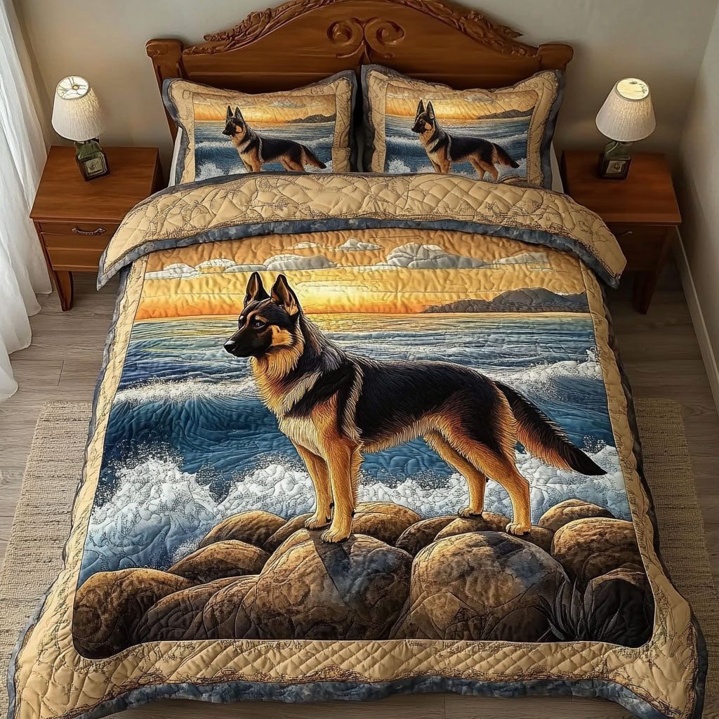 Seaside Watch quilted 3-piece bedding set on a made bed in a light coastal bedroom
