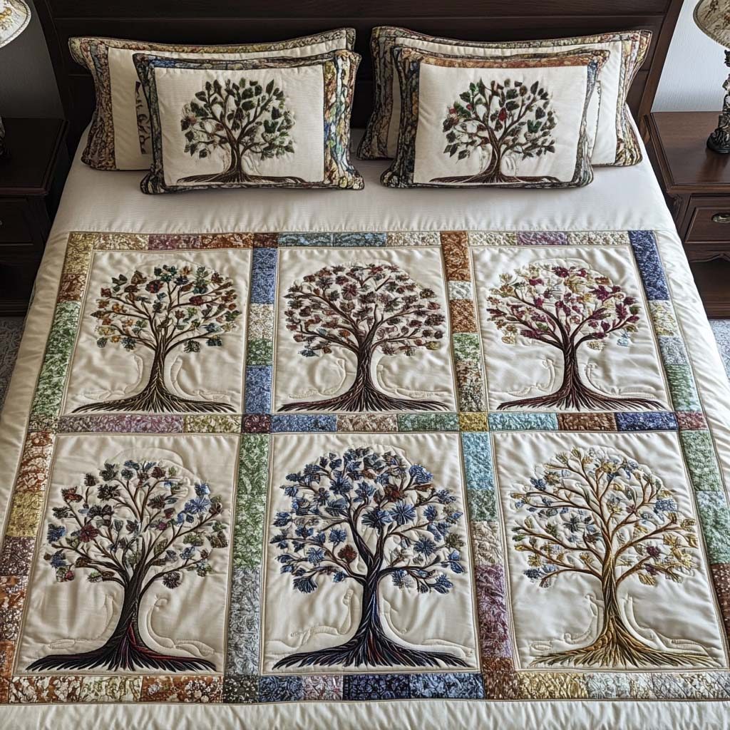 Seasons Harmony quilted 3-piece bedding set on a made bed with two matching pillow shams