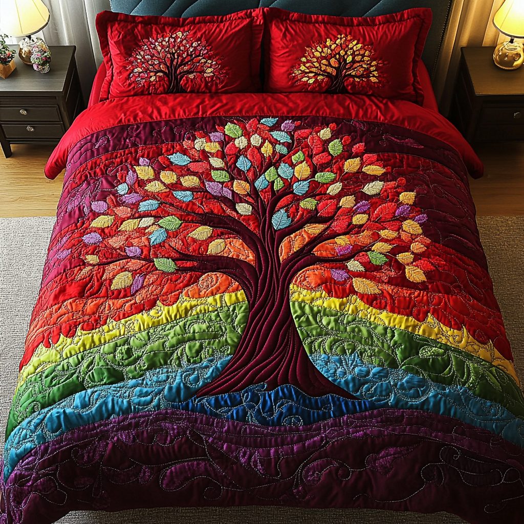 Seasons of Growth quilted 3-piece bedding set on a made bed with two matching pillow shams
