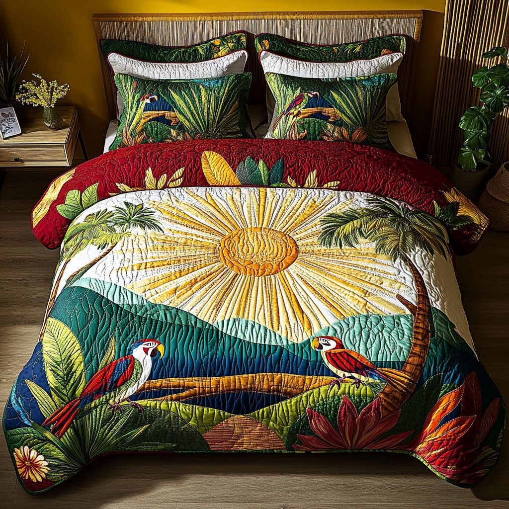 Secluded Island Dreams quilted 3-piece bedding set on a made bed in a light coastal bedroom