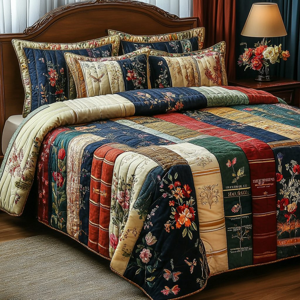 Secret Library quilted 3-piece bedding set on a made bed with two matching pillow shams