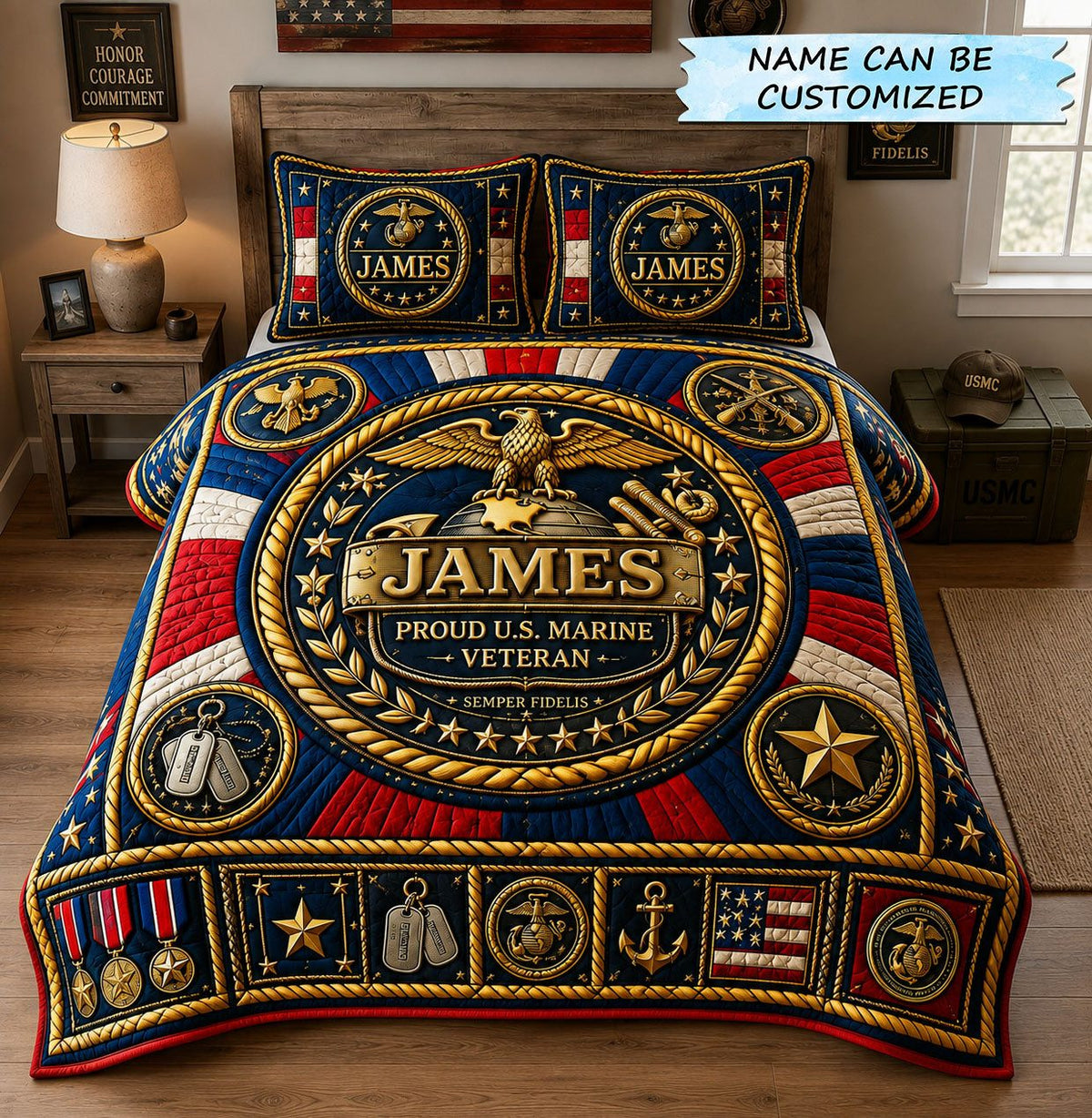 Semper Fidelis Marine Legacy quilted 3-piece bedding set on a made bed in a warmly lit bedroom