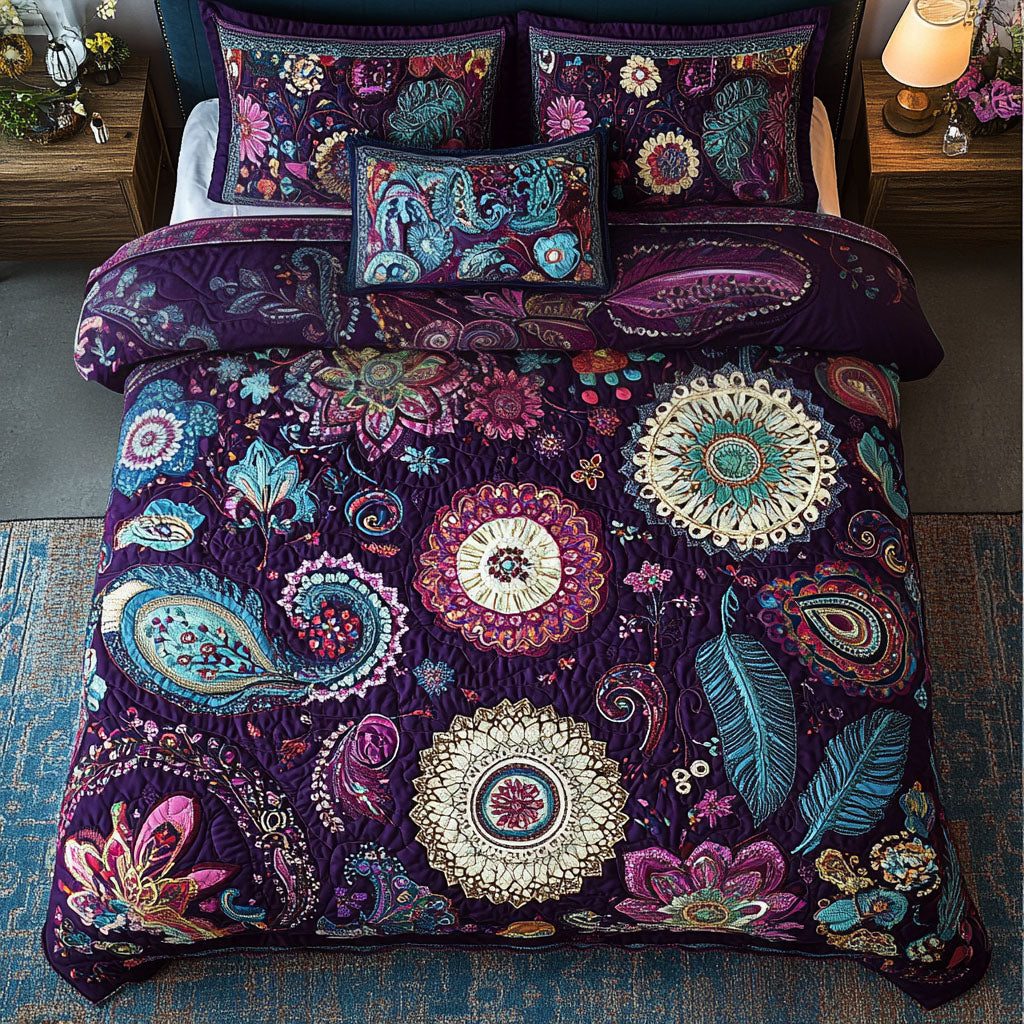Serendipity Garden quilted 3-piece bedding set on a made bed with two matching pillow shams