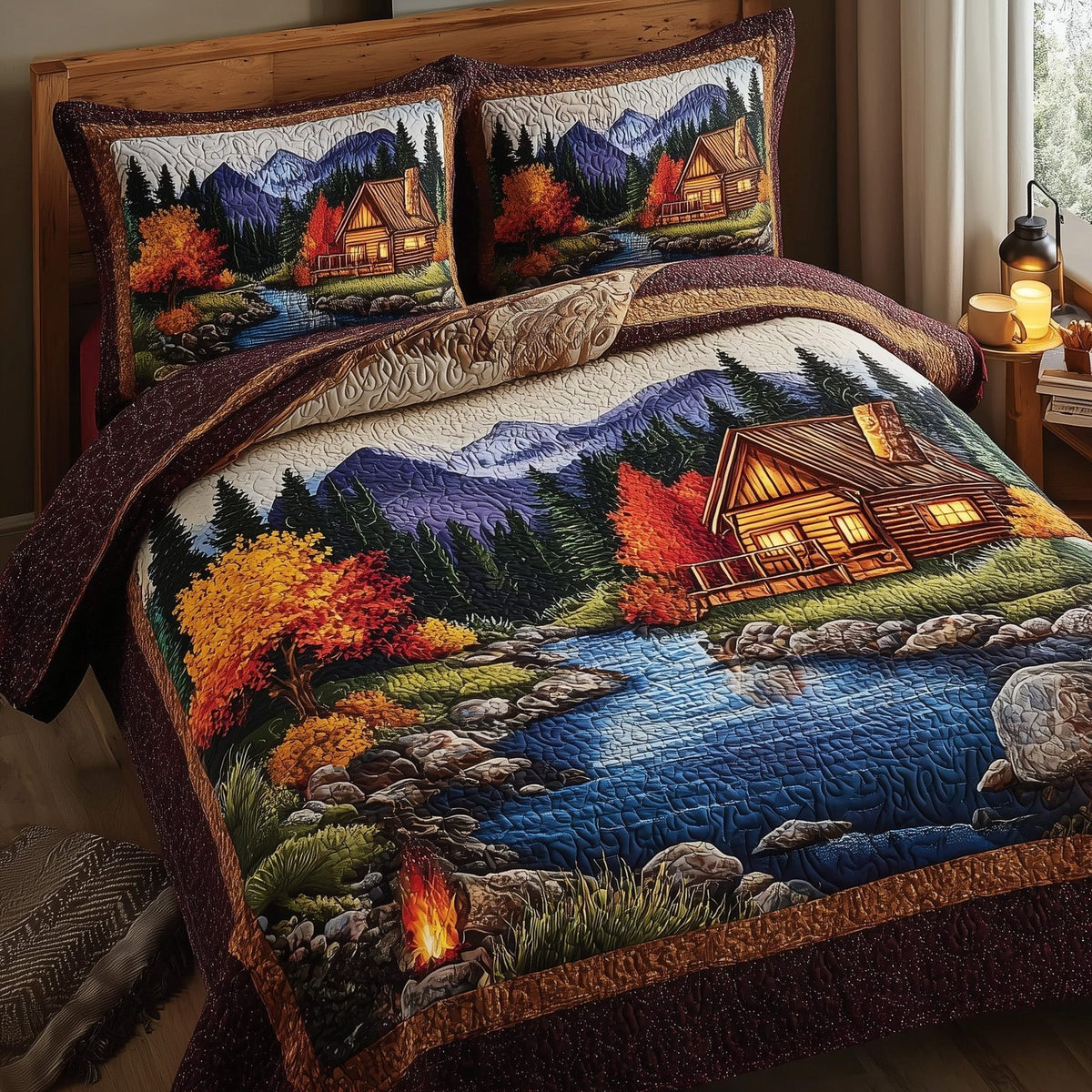 Serene Autumn Bliss quilted 3-piece bedding set on a made bed with two matching pillow shams
