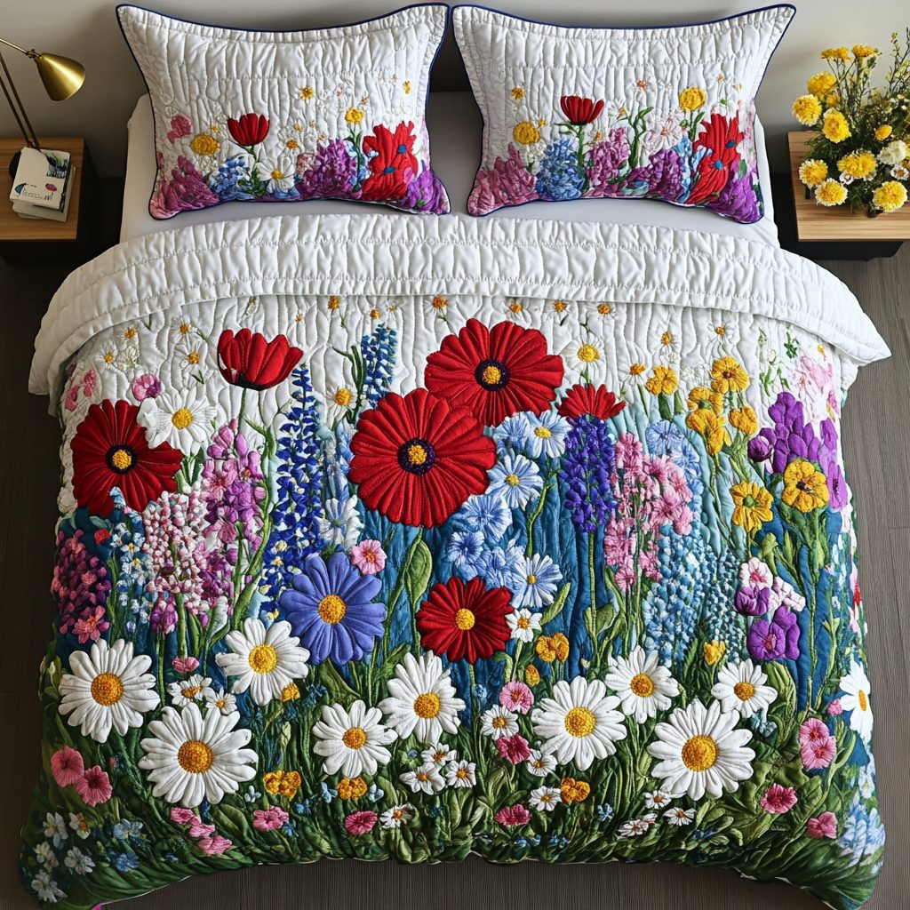 Serene Bloom quilted 3-piece bedding set on a made bed with two matching pillow shams