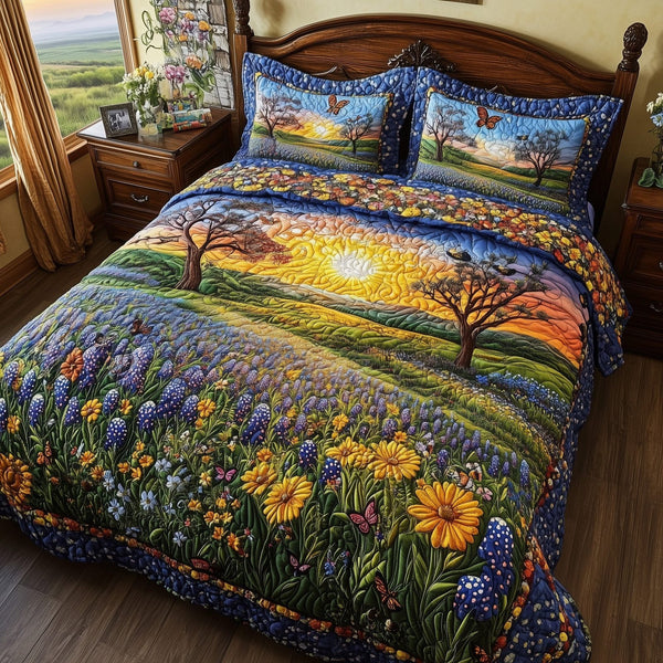 Serene Bluebonnet quilted 3-piece bedding set on a made bed with two matching pillow shams