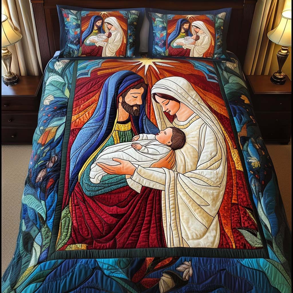 Serene Devotion quilted 3-piece bedding set on a made bed with two matching pillow shams