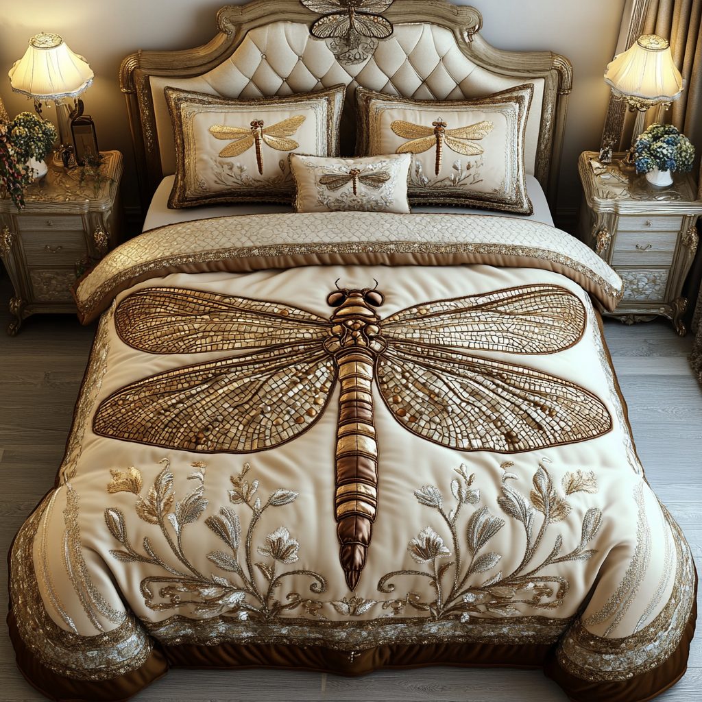 Serene Dragonfly quilted 3-piece bedding set on a made bed with two matching pillow shams