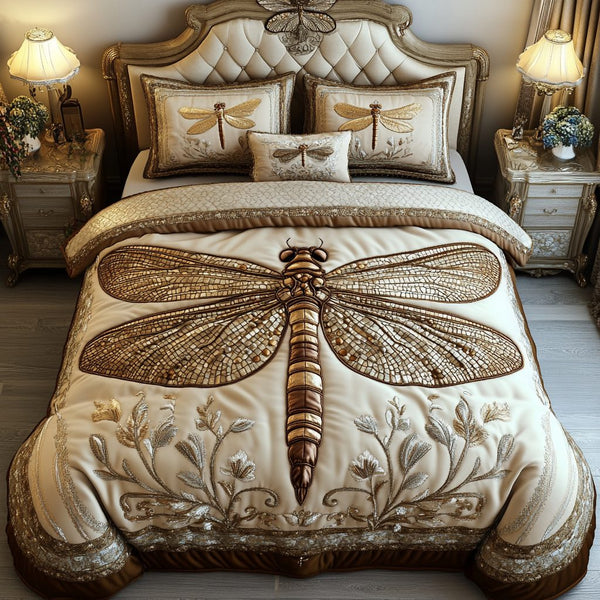 Serene Dragonfly quilted 3-piece bedding set on a made bed with two matching pillow shams