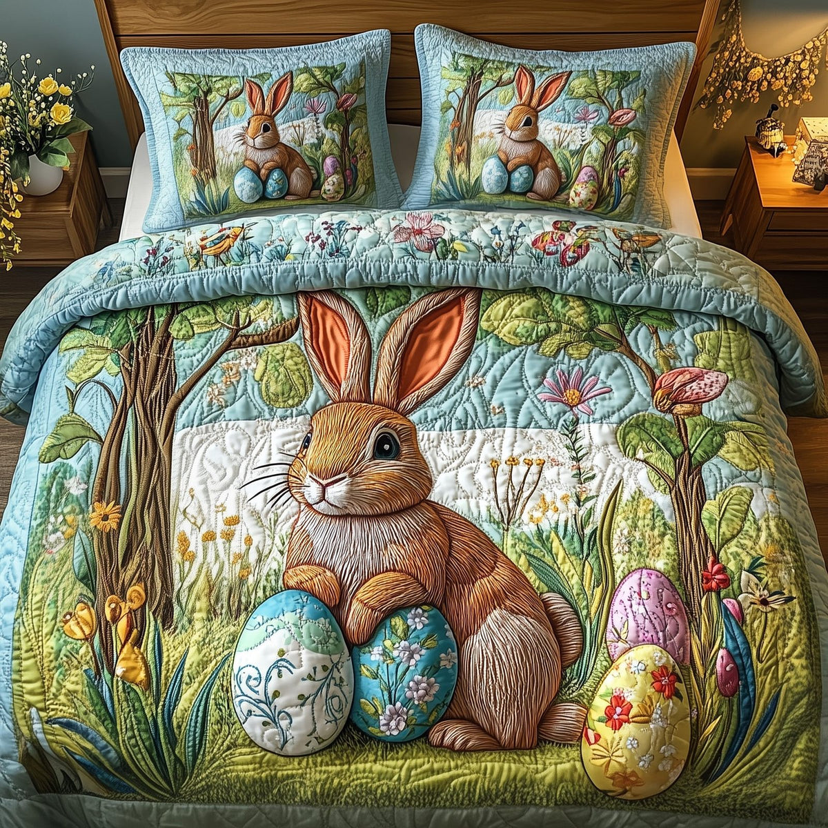 Serene Easter quilted 3-piece bedding set on a made bed with two matching pillow shams