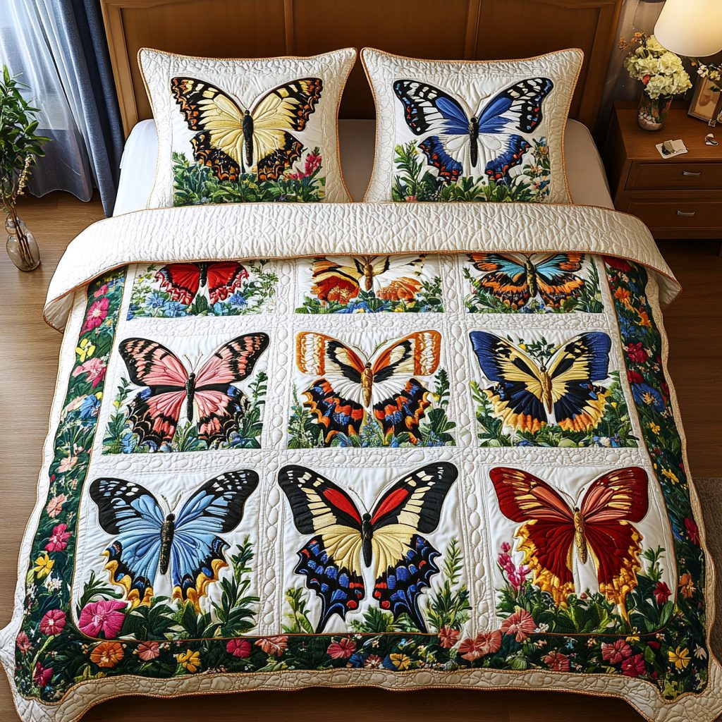 Serene Flight quilted 3-piece bedding set on a made bed with two matching pillow shams