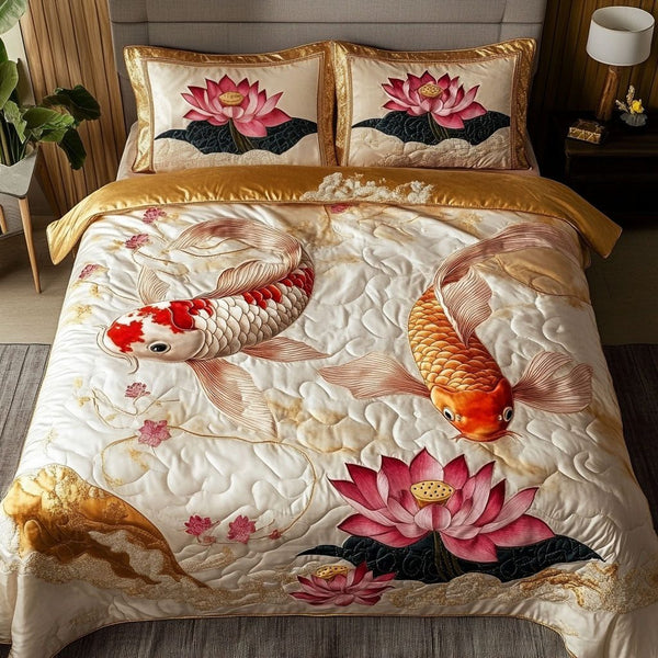 Serene Koi quilted 3-piece bedding set on a made bed with two matching pillow shams