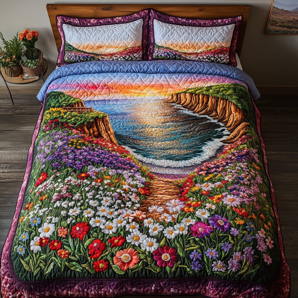 Serene Landscape quilted 3-piece bedding set on a made bed with two matching pillow shams