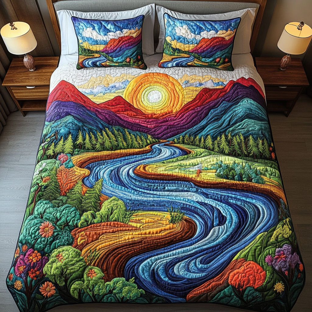 Serene Landscape quilted 3-piece bedding set on a made bed with two matching pillow shams