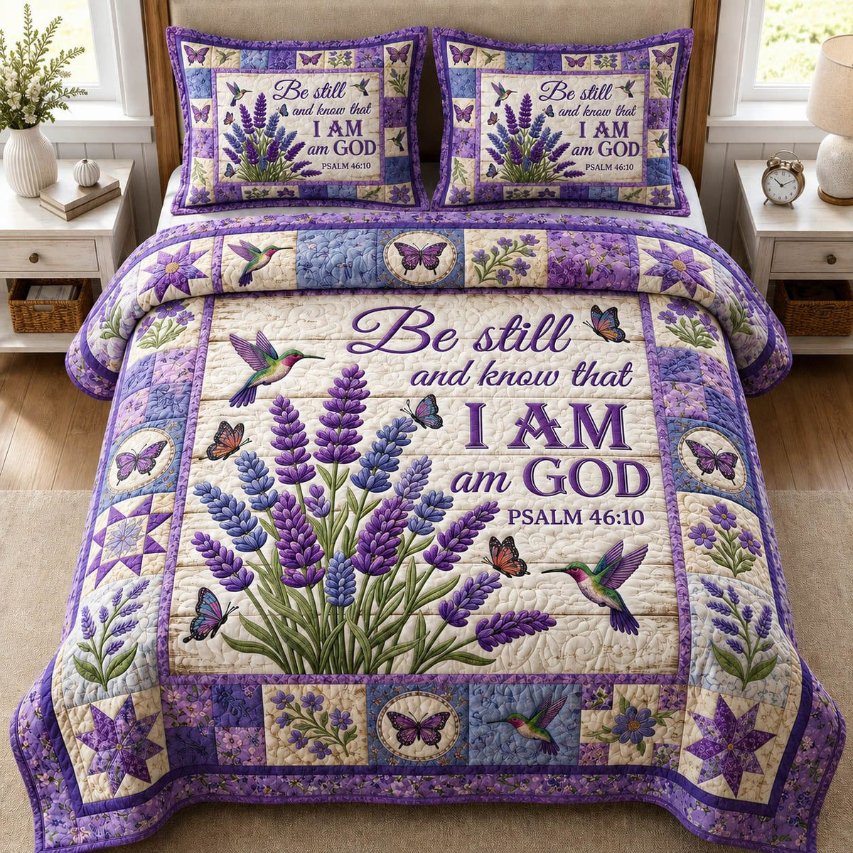 Serene Lavender quilted 3-piece bedding set on a made bed with two matching pillow shams