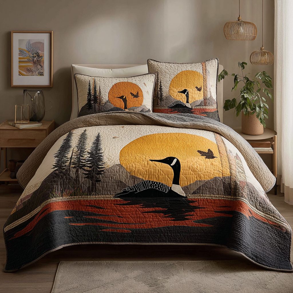 Serene Loon quilted 3-piece bedding set on a made bed with two matching pillow shams