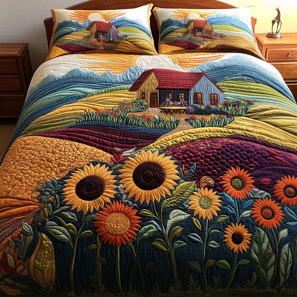 Serene Meadow quilted 3-piece bedding set on a made bed with two matching pillow shams