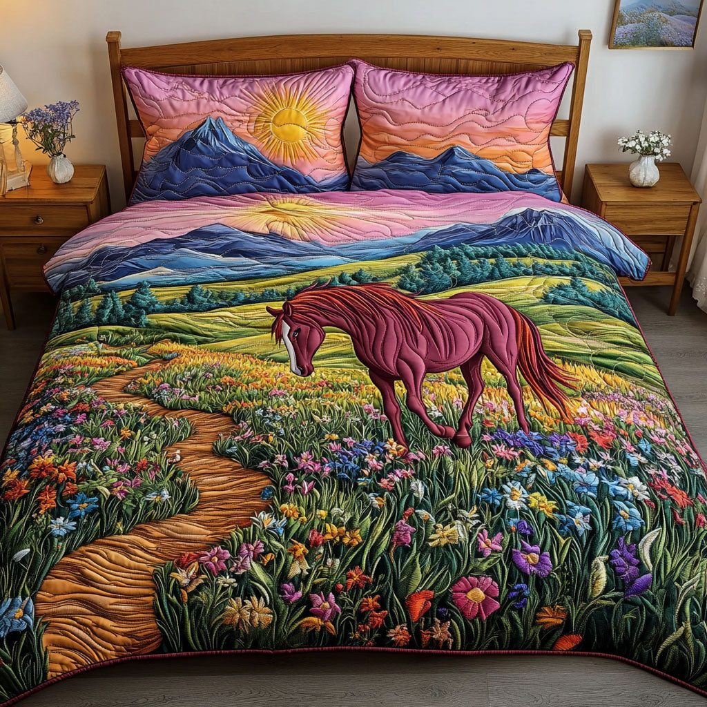 Serene Pasture Bliss quilted 3-piece bedding set on a made bed with two matching pillow shams