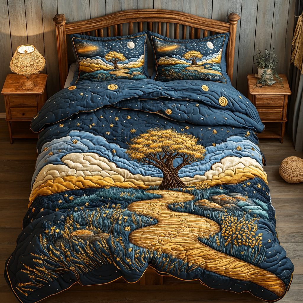 Serene Pathways quilted 3-piece bedding set on a made bed with two matching pillow shams