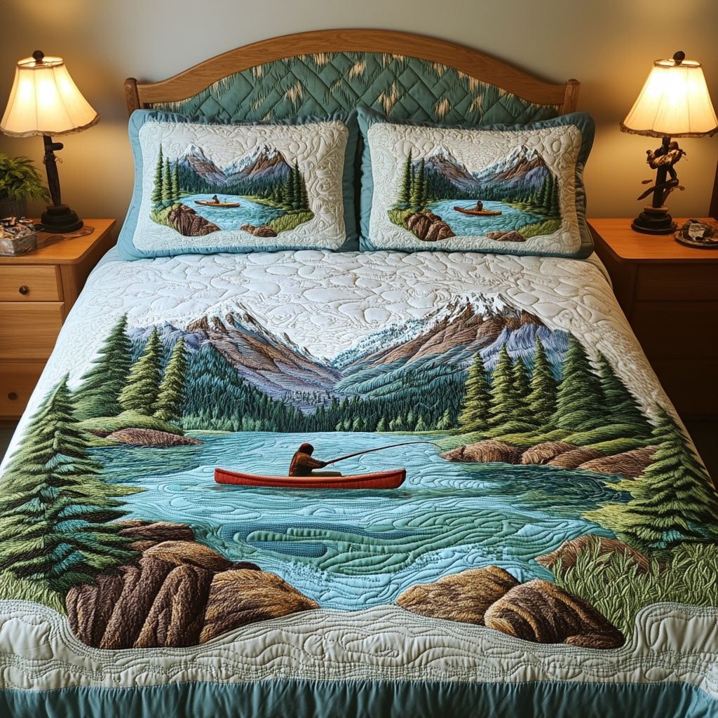 Serene Reflections quilted 3-piece bedding set on a made bed with two matching pillow shams