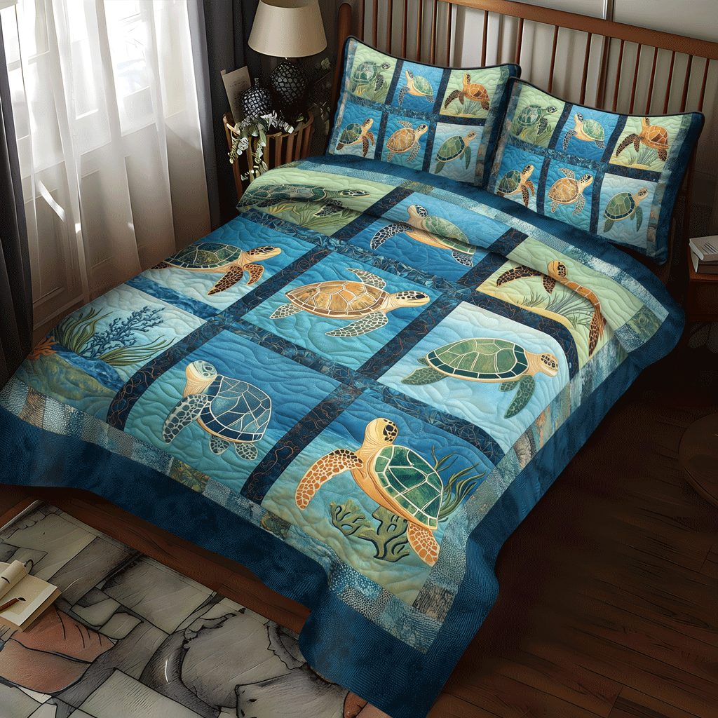 Serene Seas quilted 3-piece bedding set on a made bed with two matching pillow shams