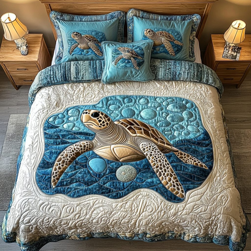Serene Shell quilted 3-piece bedding set on a made bed in a light coastal bedroom