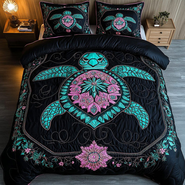 Serene Shell quilted 3-piece bedding set on a made bed in a light coastal bedroom
