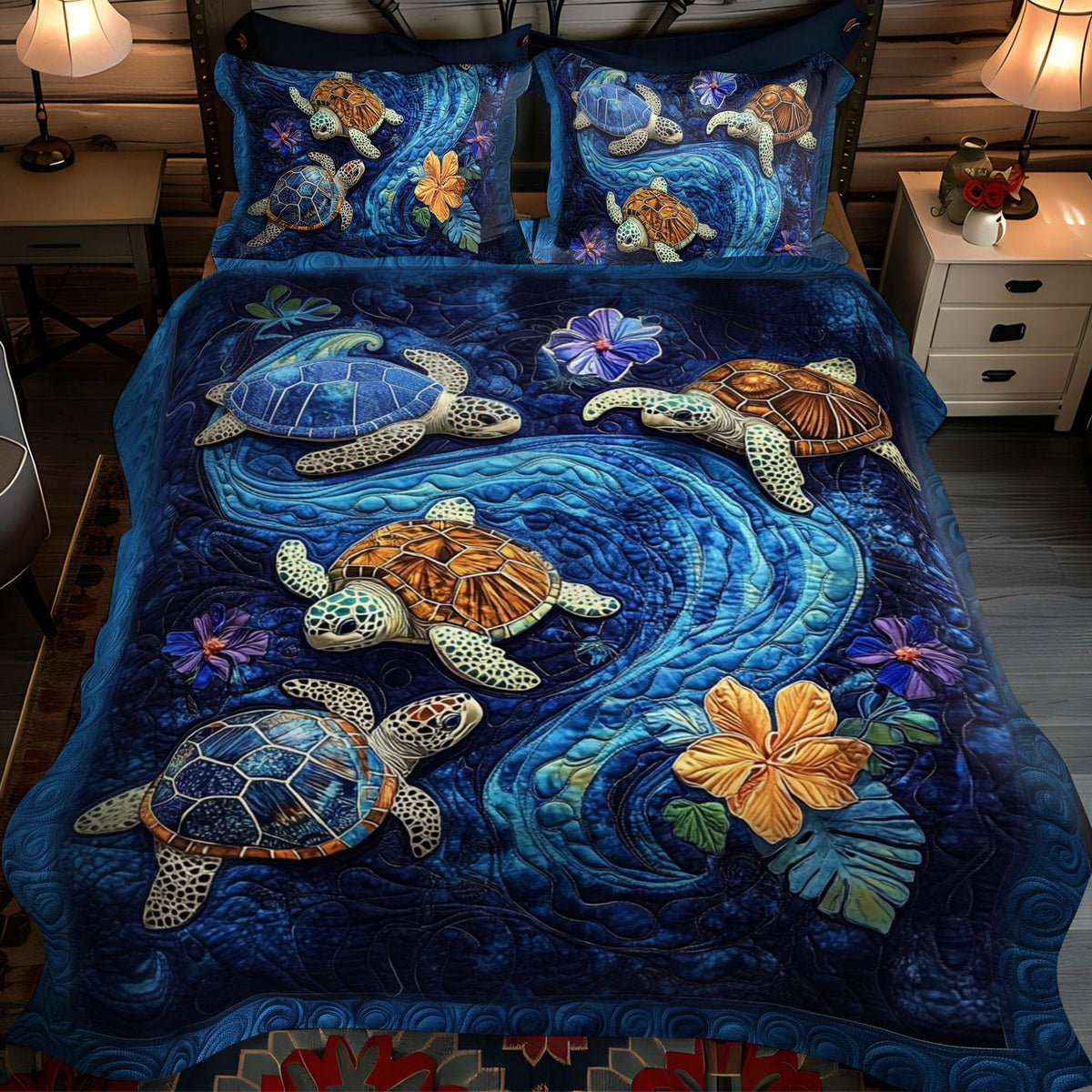 Serene Shores quilted 3-piece bedding set on a made bed in a light coastal bedroom