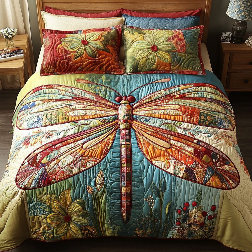 Serene Soar quilted 3-piece bedding set on a made bed with two matching pillow shams