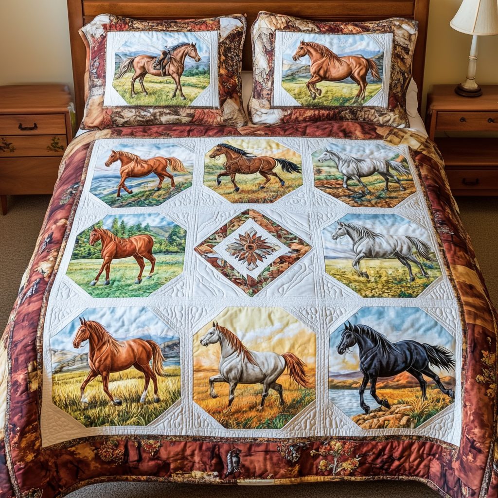 Serene Stable quilted 3-piece bedding set on a made bed with two matching pillow shams