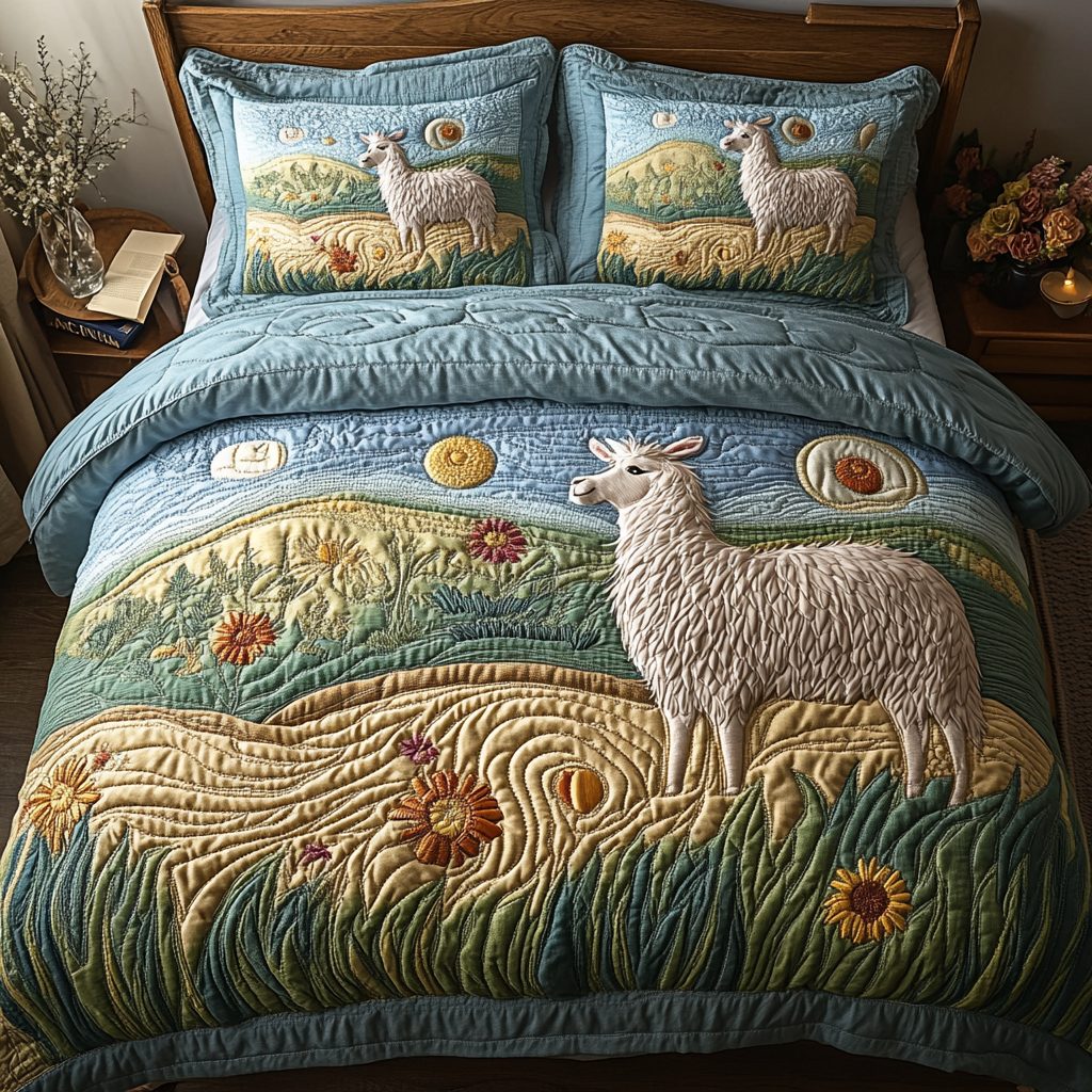 Serene Steps quilted 3-piece bedding set on a made bed with two matching pillow shams