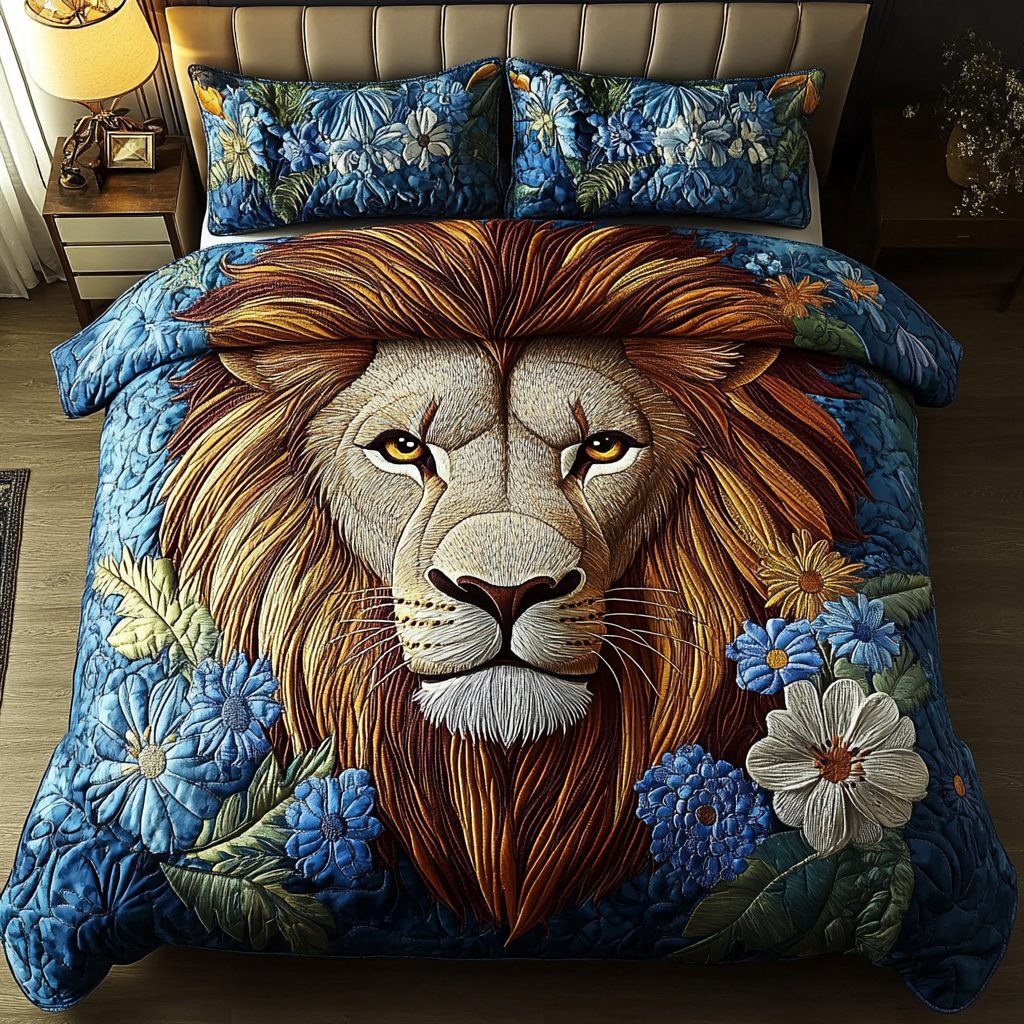 Serene Strength quilted 3-piece bedding set on a made bed with two matching pillow shams