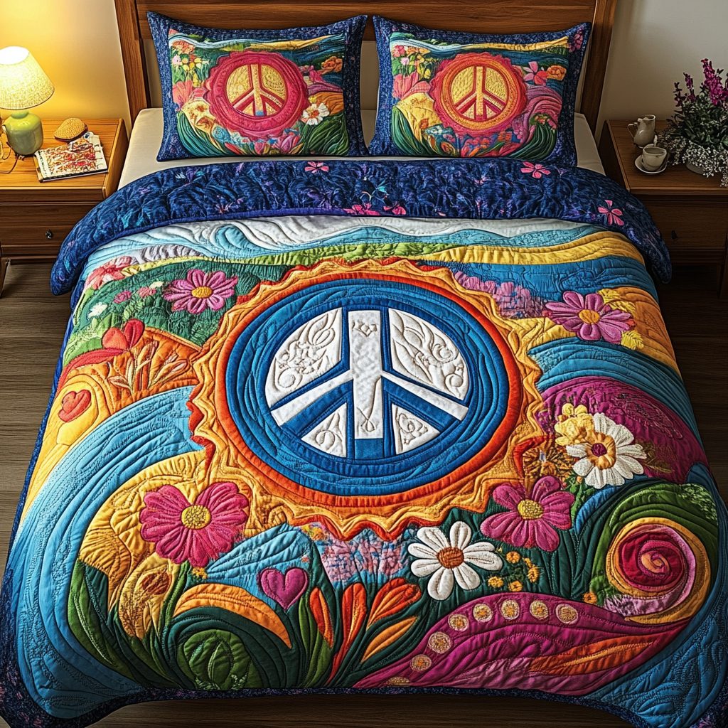 Serene Sunburst quilted 3-piece bedding set on a made bed with two matching pillow shams