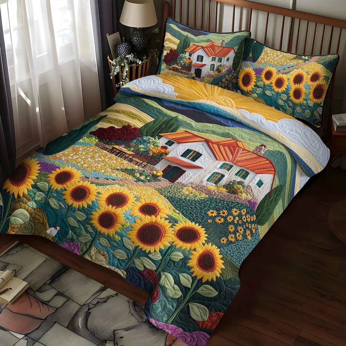 Serene Sunflower quilted 3-piece bedding set on a made bed with two matching pillow shams