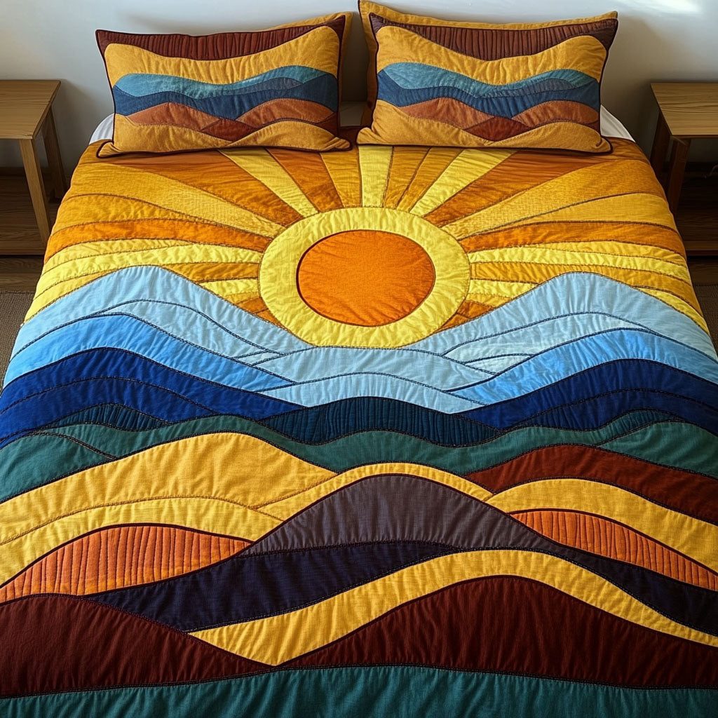 Serene Sunrise quilted 3-piece bedding set on a made bed with two matching pillow shams