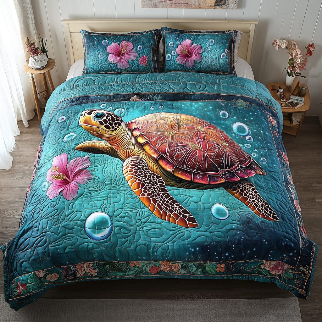Serene Turtle quilted 3-piece bedding set on a made bed in a light coastal bedroom