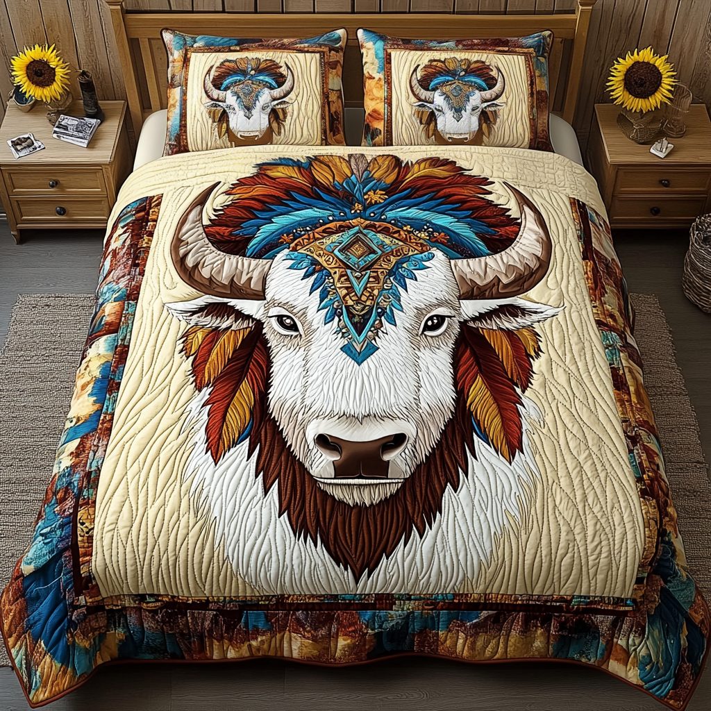 Serene Warrior quilted 3-piece bedding set on a made bed with two matching pillow shams