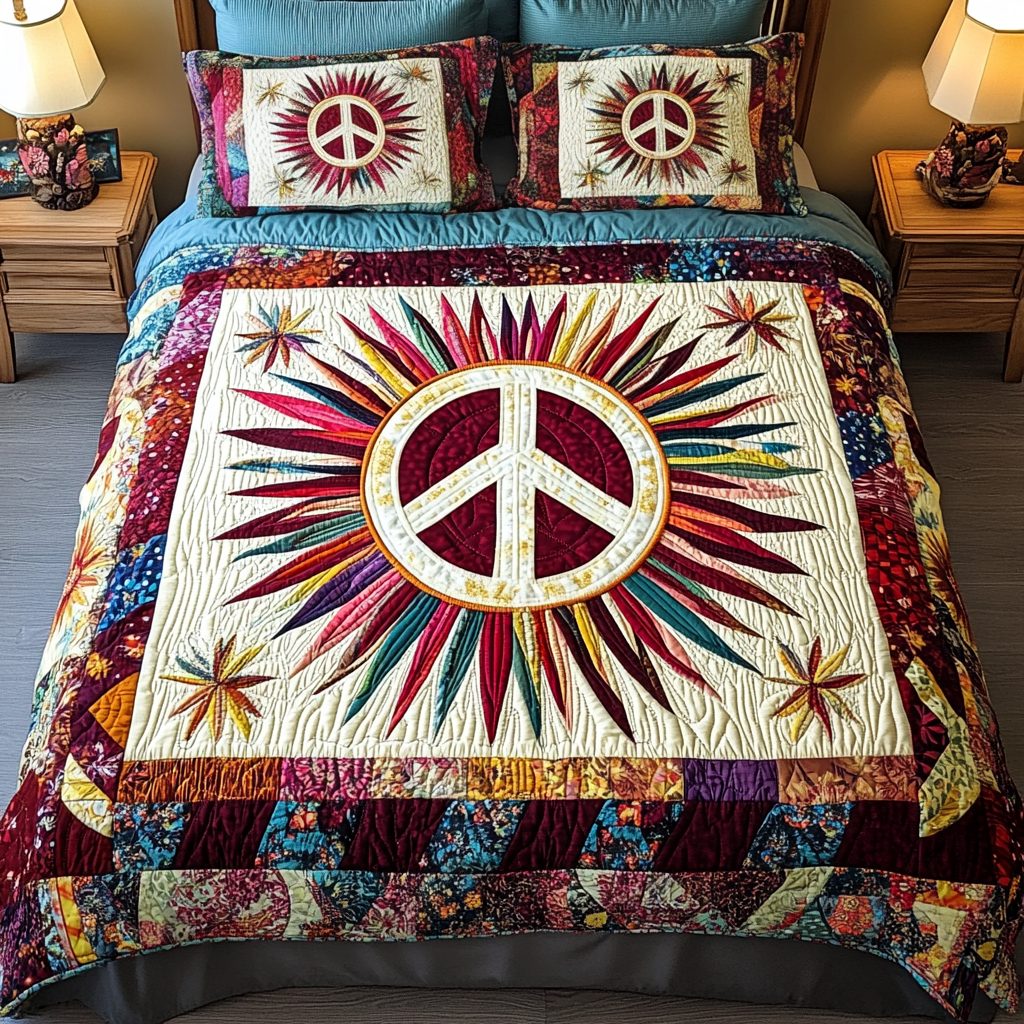 Serenity Glow quilted 3-piece bedding set on a made bed with two matching pillow shams