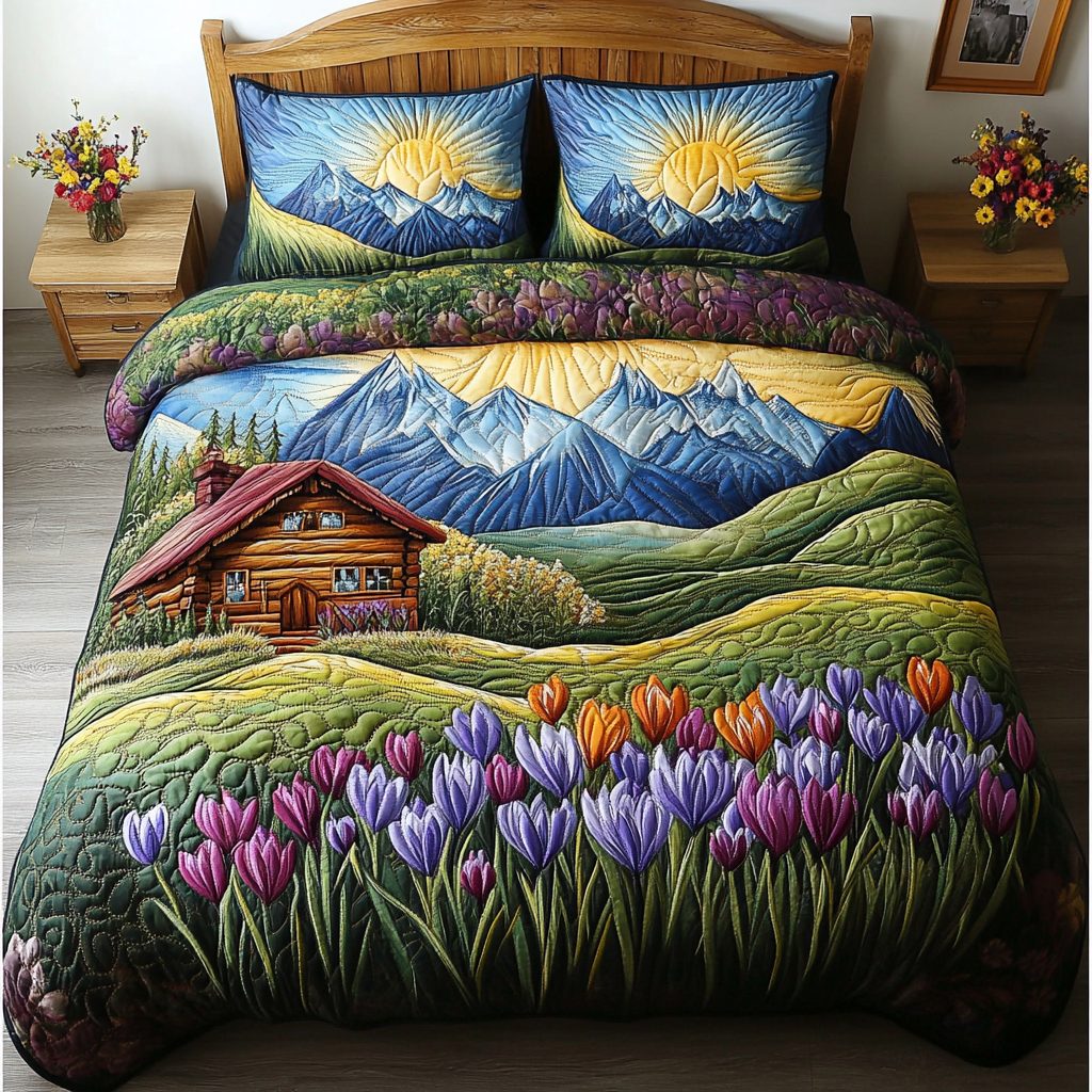 Serenity Hills quilted 3-piece bedding set on a made bed with two matching pillow shams
