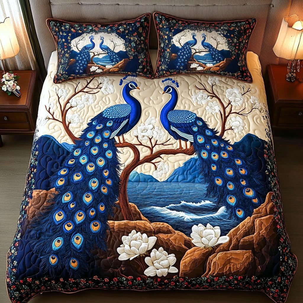 Serenity Lakeside quilted 3-piece bedding set on a made bed with two matching pillow shams