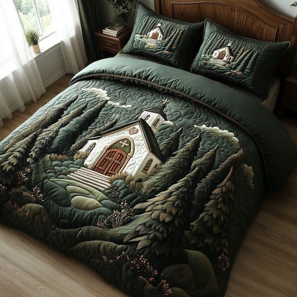 Serenity Lane quilted 3-piece bedding set on a made bed with two matching pillow shams