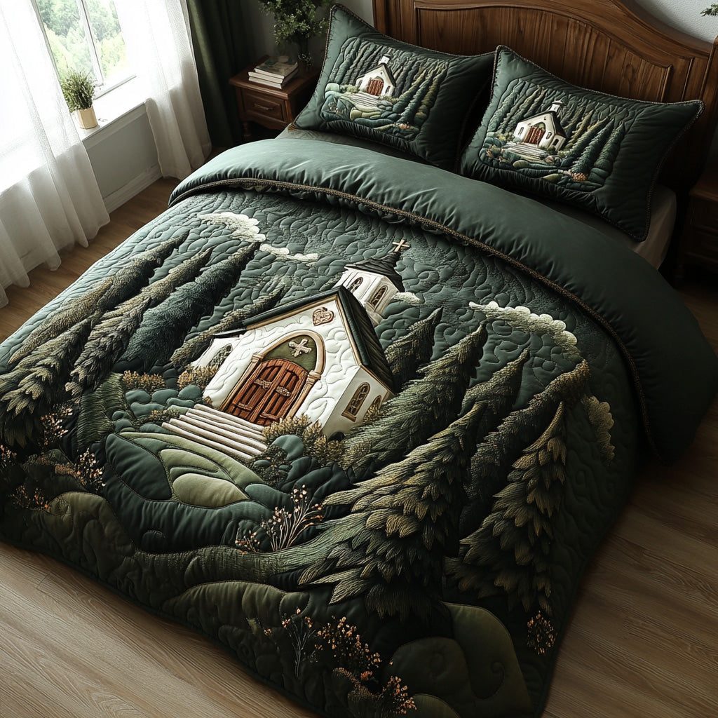 Serenity Lane quilted 3-piece bedding set on a made bed with two matching pillow shams