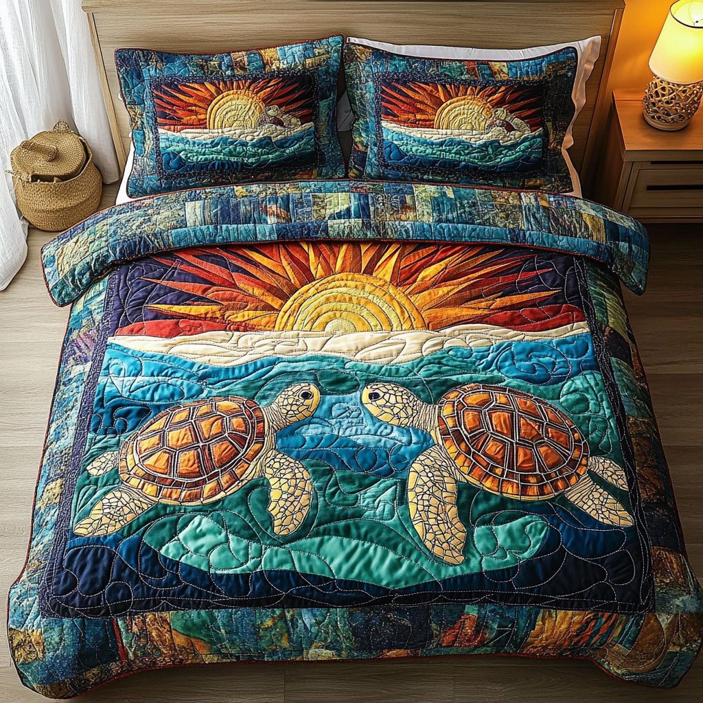 Serenity Shell quilted 3-piece bedding set on a made bed in a light coastal bedroom